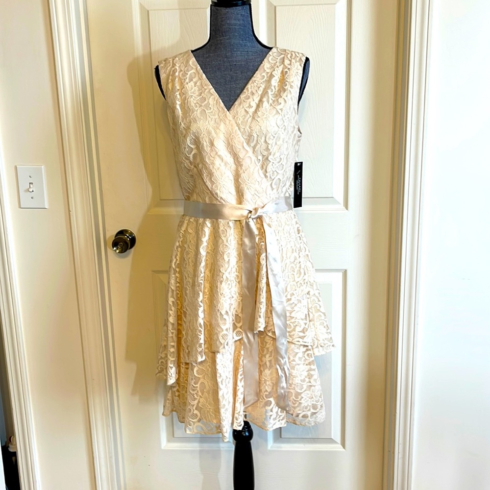 Tahari Ivory lace, sleeveless, V neckline, mini, Size 10